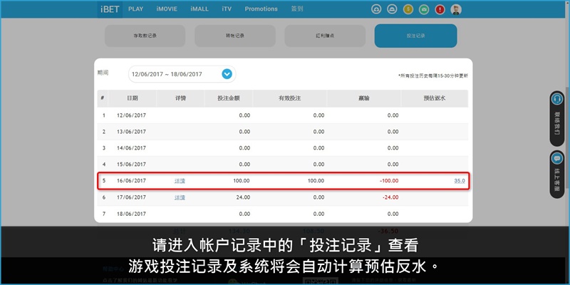 iBET Online Casino教您如何领取体育0.35％返水-投注记录