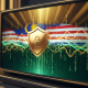 Stylized gold shield with a digital padlock over a sleek online casino interface, symbolizing security and licensing for Malaysian players, set in a luxurious, high-tech environment with subtle Malaysian color accents.