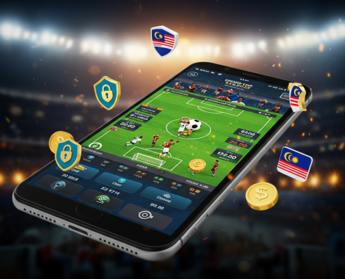 A sleek mobile phone displaying a World Cup sports betting interface with live odds, set against a dramatic football stadium background, symbolizing secure betting in Malaysia.