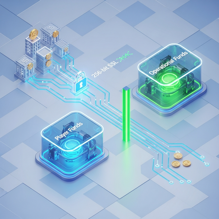 Illustrates the multi-layer security foundation, specifically SSL encryption, segregated accounts, and secure banking partnerships, emphasizing financial protection.