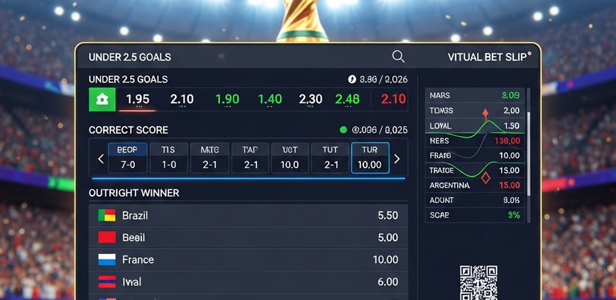 Dynamic digital sports betting interface showcasing World Cup 2026 betting markets like Under 2.5 Goals, Correct Score, and Outright Winner with decimal odds, set against a blurred football stadium background.