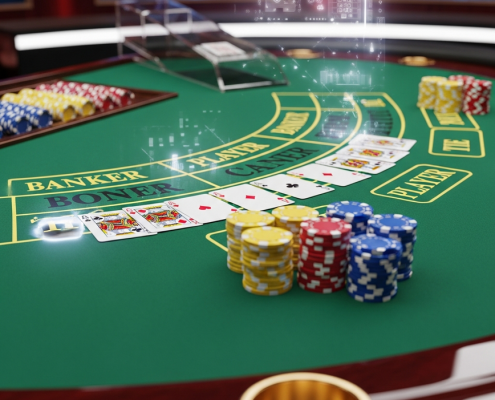 Luxurious baccarat table in an online live casino studio, featuring playing cards, stacks of casino chips, and betting areas, symbolizing strategic gameplay.