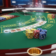 Luxurious baccarat table in an online live casino studio, featuring playing cards, stacks of casino chips, and betting areas, symbolizing strategic gameplay.
