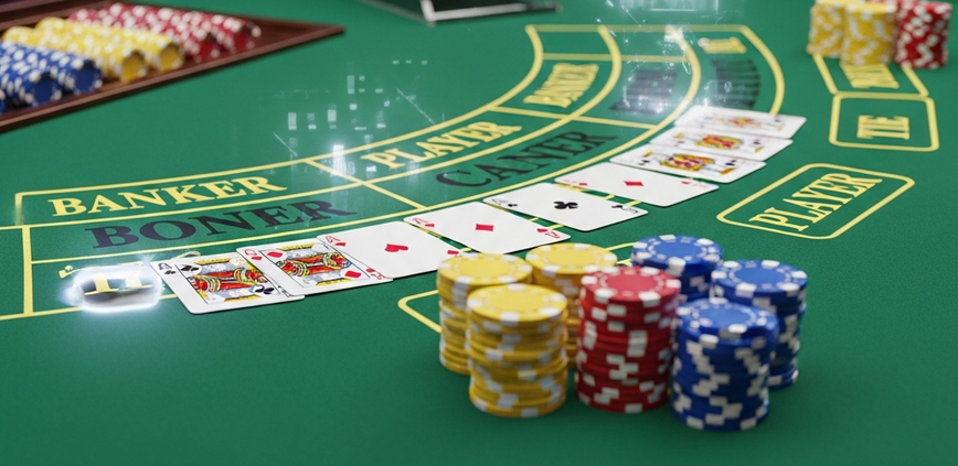Luxurious baccarat table in an online live casino studio, featuring playing cards, stacks of casino chips, and betting areas, symbolizing strategic gameplay.