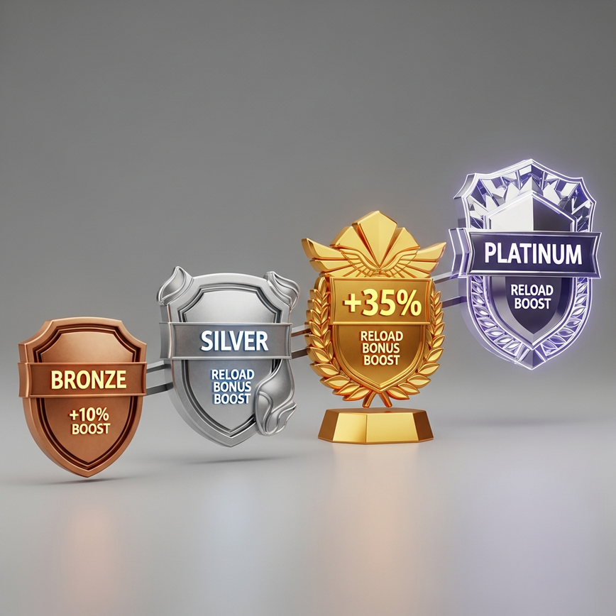 展示忠诚度等级及其对再存红利价值的影响，显示了在线赌场VIP计划中不同忠诚度等级的晋升过程。