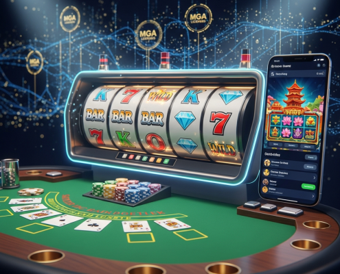 Vibrant digital interface of a premium online casino, showcasing diverse game types like slot reels, a live dealer blackjack table, and a mobile slot game, all against a background of secure data flow and licensing symbols, representing top game providers in Malaysia.