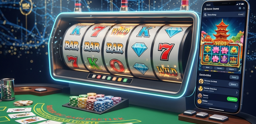 Vibrant digital interface of a premium online casino, showcasing diverse game types like slot reels, a live dealer blackjack table, and a mobile slot game, all against a background of secure data flow and licensing symbols, representing top game providers in Malaysia.