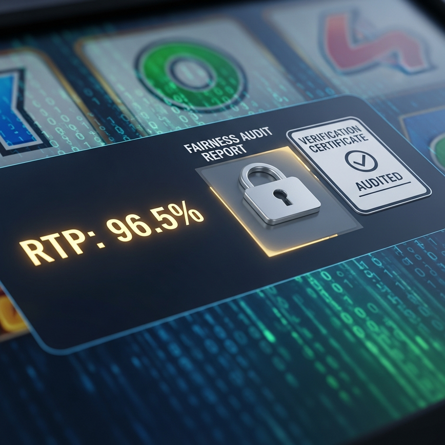 Menggambarkan konsep kritikal 'Return to Player' (RTP) yang telus dan pengesahan keadilan bebas dalam permainan kasino dalam talian.