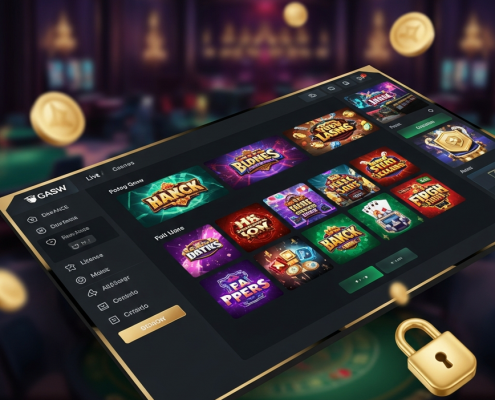 Vibrant online casino lobby interface displaying diverse game thumbnails from top providers like Pragmatic Play, PG Soft, and Microgaming, set in a luxurious Malaysian online gaming environment, with symbols of security and licensing.