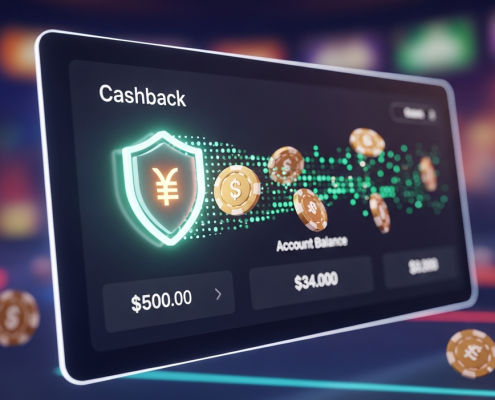 A modern online casino interface showcasing a prominent cashback feature with a digital shield icon and virtual chips flowing into an account balance, symbolizing bankroll protection on a premium online gaming platform.