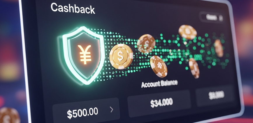 A modern online casino interface showcasing a prominent cashback feature with a digital shield icon and virtual chips flowing into an account balance, symbolizing bankroll protection on a premium online gaming platform.