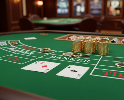 High-angle view of a Baccarat table with cards showing a Banker win, and a stack of chips on the Banker bet area, symbolizing the strategic advantage in online Baccarat.