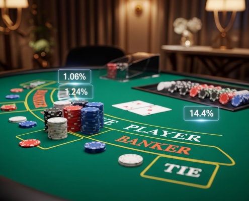 Luxurious Baccarat table on emerald green felt with neatly stacked casino chips and playing cards, subtly displaying house edge percentages for Banker, Player, and Tie bets in a premium online casino setting.