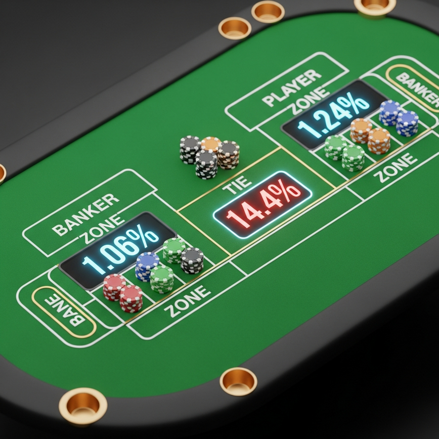 Illustrates the house edge breakdown for Banker, Player, and Tie bets on a Baccarat table, providing a clear visual comparison.