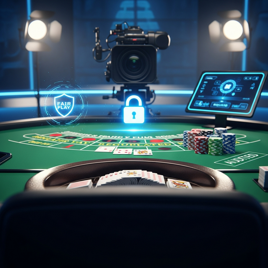 Represents the trustworthiness and fairness of live casino Baccarat, focusing on regulatory compliance and the live dealer experience without showing a person's face.