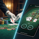 Dynamic split-screen image contrasting a luxurious live baccarat table with physical cards and chips on green felt, against a sleek digital RNG baccarat interface on a mobile device, highlighting the differences in online baccarat gameplay.