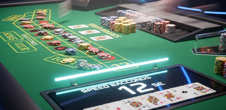 Dynamic, high-angle view of a Speed Baccarat table with cards being dealt rapidly face-up, a glowing digital timer counting down, and neatly stacked casino chips, conveying a fast-paced and luxurious online casino experience.