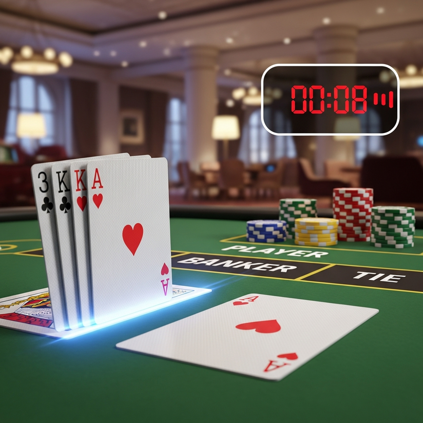 Illustrates the rapid dealing and quick betting window of Speed Baccarat, highlighting the timing differences mentioned in the article.