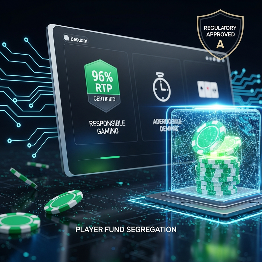 Menggambarkan pengawasan peraturan dan standard keselamatan kewangan yang kukuh bagi kasino dalam talian berlesen, mempamerkan elemen seperti dana terasing, keadilan permainan, dan alat permainan yang bertanggungjawab.