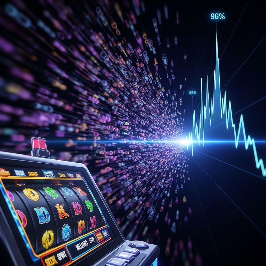 可视化RTP的长期性，显示尽管有短期波动，但结果在数百万次旋转后趋于稳定。