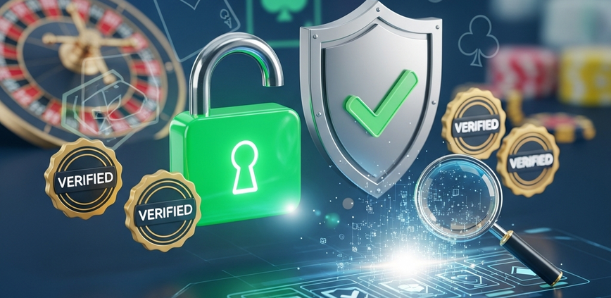 Digital interface representing online casino research with security icons, a magnifying glass, and abstract casino elements, symbolizing safe gaming verification before making a deposit.