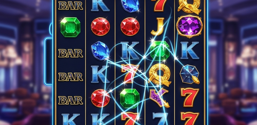 Dynamic online slot machine interface showcasing the evolution of paylines, from a simple single line to complex Megaways mechanics with a 'WAYS TO WIN' counter, set against a luxurious casino backdrop.