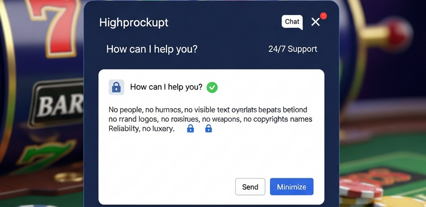 A sleek online casino interface featuring a prominent live chat support window, symbolizing trustworthy and efficient customer service on a secure gaming platform.