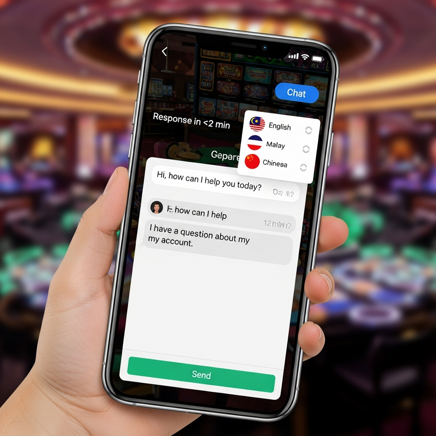 Illustrates the key support quality indicators for Malaysian players, focusing on fast, multilingual live chat on a mobile device.