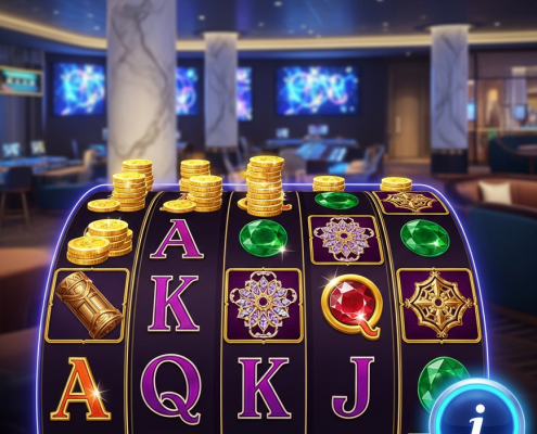 Vibrant online slot machine interface with spinning reels, showing various game symbols and a glowing 'i' button to access the paytable, set against a luxurious digital casino background.