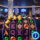 Vibrant online slot machine interface with spinning reels, showing various game symbols and a glowing 'i' button to access the paytable, set against a luxurious digital casino background.