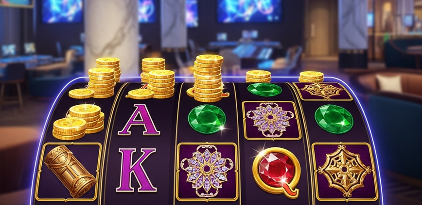 Vibrant online slot machine interface with spinning reels, showing various game symbols and a glowing 'i' button to access the paytable, set against a luxurious digital casino background.