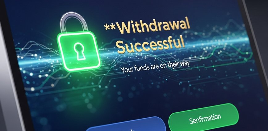 A modern online casino payment interface displaying a successful withdrawal confirmation, featuring a secure padlock icon and abstract data flow, representing financial trustworthiness and fast payouts on a premium online platform.