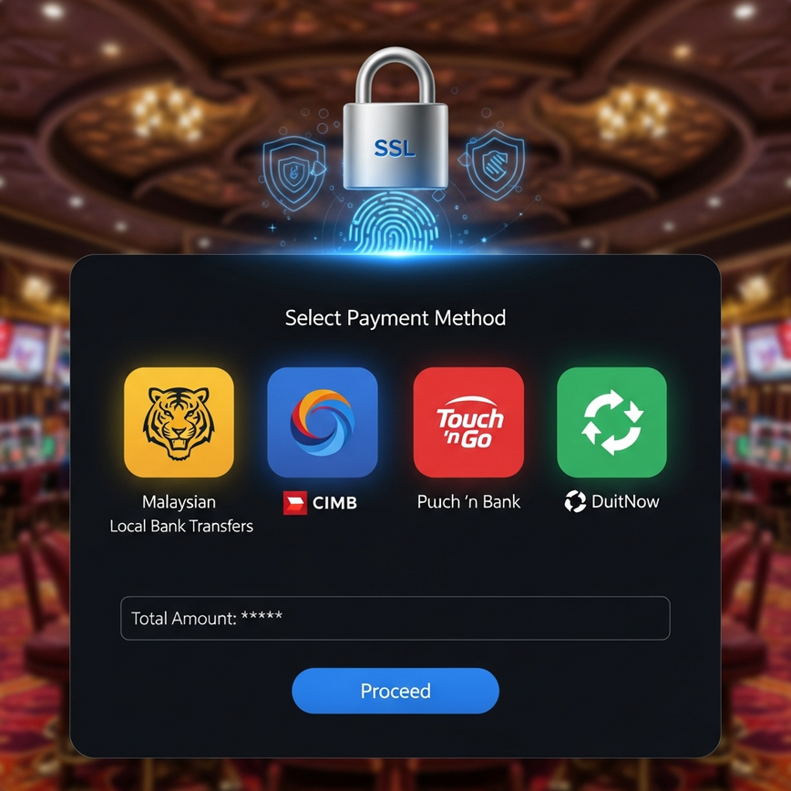 Highlights secure payment processing and the integration of trusted Malaysian payment methods within an online casino interface, emphasizing convenience and fraud prevention.