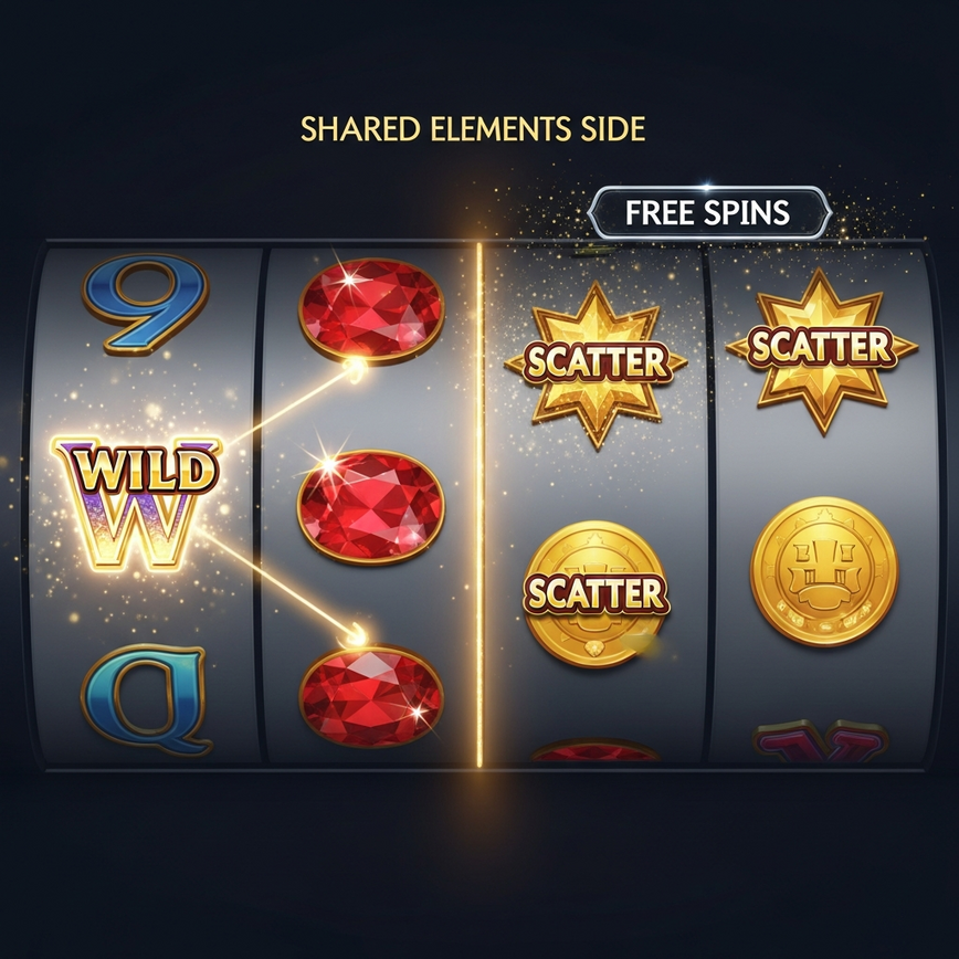 Visually explains the distinct functions of wild and scatter symbols on a slot grid, showing how wilds substitute and scatters trigger features.