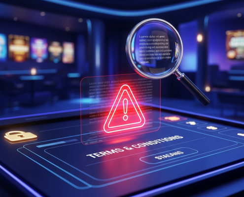 Digital online casino interface with a magnifying glass highlighting 'Terms & Conditions' and subtle red warning icons, symbolizing the importance of identifying red flags for player protection.