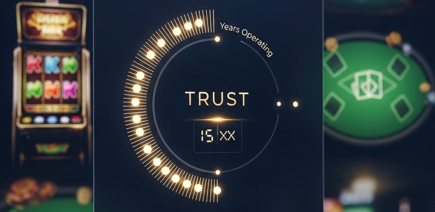 Sleek, modern online casino lobby interface with abstract digital timeline elements and a 'Trust Score' indicator, representing longevity and security in online gaming.