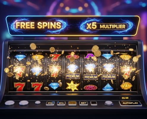 Vibrant online slot machine interface displaying a winning combination during a free spins bonus round, with a x5 multiplier and celebratory coin effects, set against a luxurious digital casino background.