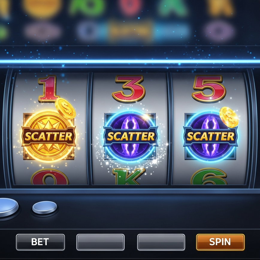 Illustrates how free spins are triggered by scatter symbols in a slot game.