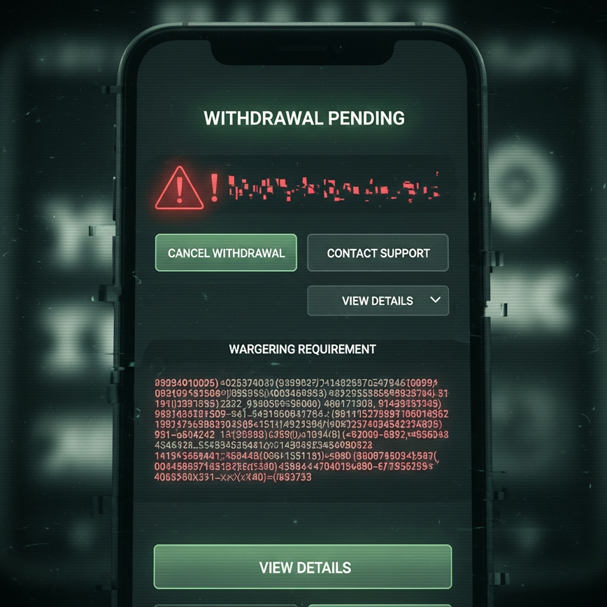 Illustrates the 'Phantom Withdrawal' or 'Bonus Trap' scam pattern, showing a deceptive online casino interface designed to trick players with impossible wagering requirements or stalled withdrawals.