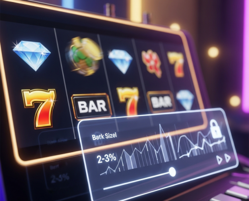 Premium online slot machine interface with a digital overlay showing bankroll management concepts like a bet size slider and secure icons, set in a luxurious digital casino environment.