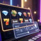 Premium online slot machine interface with a digital overlay showing bankroll management concepts like a bet size slider and secure icons, set in a luxurious digital casino environment.