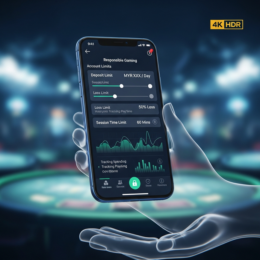 Depicts a mobile casino app interface featuring responsible gaming tools like deposit, loss, and time limits for effective bankroll management.