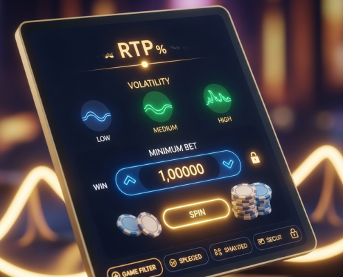 A premium online slot game interface displaying RTP, volatility, and bet controls, illustrating strategic game selection based on budget within a sophisticated digital casino environment.