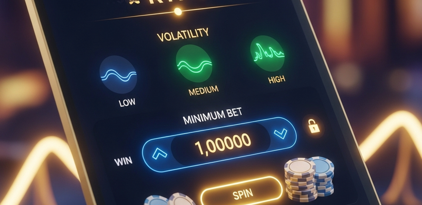 A premium online slot game interface displaying RTP, volatility, and bet controls, illustrating strategic game selection based on budget within a sophisticated digital casino environment.