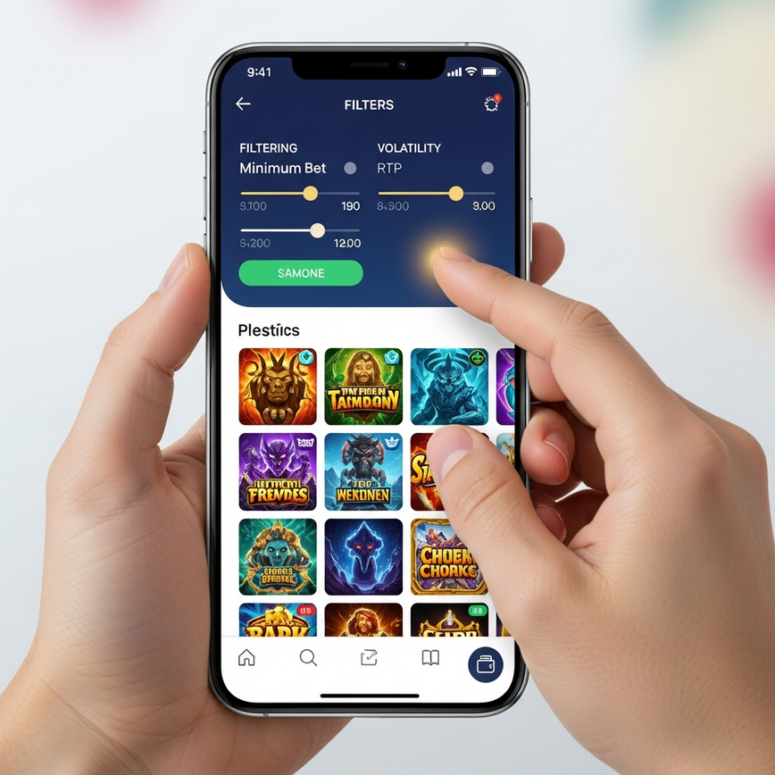 Depicts a mobile online casino interface with filtering options, symbolizing a player actively choosing a slot game based on their budget and preferences.