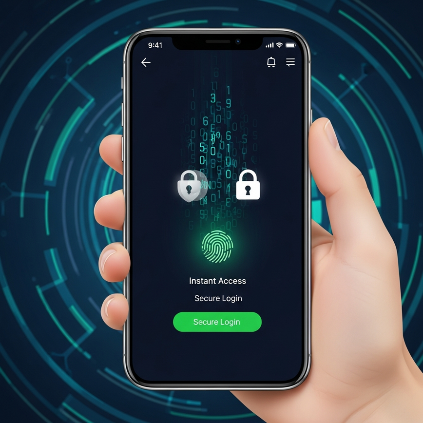 Showcases the advanced security features of a mobile casino application, including biometric authentication and secure transaction processing, for mobile users.