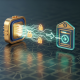 Digital graphic symbolizing a secure and fast online casino withdrawal, showing abstract data flow with padlock icons moving from a gaming platform to a digital bank account, set against a luxurious, high-tech background.