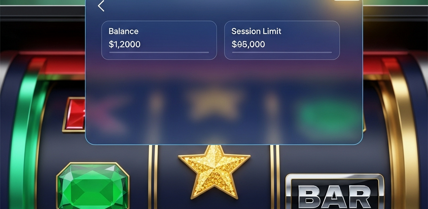 A modern mobile online slot game interface with spinning reels, overlaid with subtle financial budgeting graphics and a secure padlock icon, representing responsible gaming for Malaysian players.