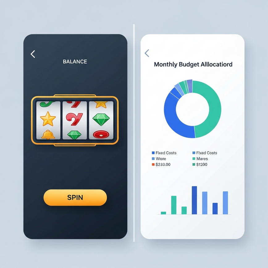 Illustrates the concept of setting a slot session budget using the MYR framework, showing financial allocation within a gaming context on a mobile device.