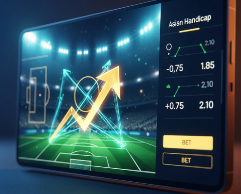 Premium online sports betting interface showing Asian Handicap odds for a football match, with abstract graphical elements representing the handicap concept, designed for Malaysian players.